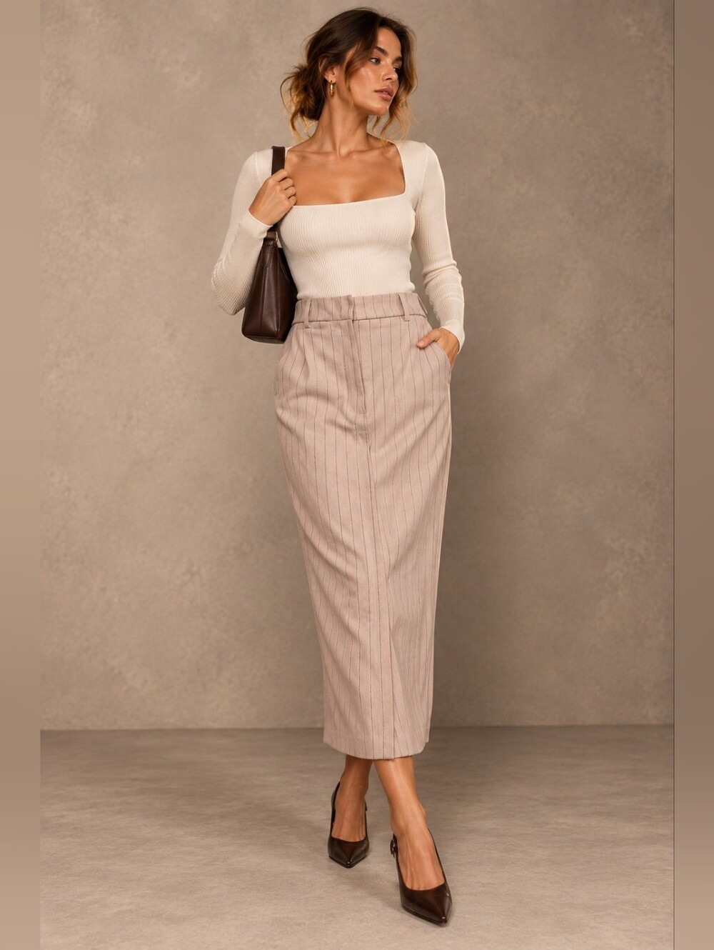 Pinstripe Maxi Skirt – 90s Tailored Pencil Vintage Skirt with Pockets